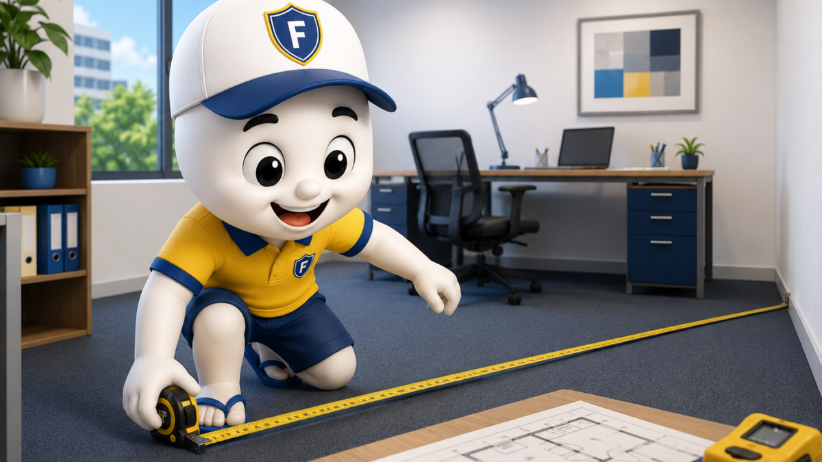 Illustration 3D ludique représentant la mascotte Fiscallia relevant les dimensions d'un bureau à l'aide d'un mètre ruban. La scène montre un espace de travail moderne avec un plan au sol et des outils de mesurage, illustrant le relevé précis des surfaces dans le cadre d'une expertise en fiscalité locale.