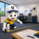 Illustration 3D ludique représentant la mascotte Fiscallia relevant les dimensions d'un bureau à l'aide d'un mètre ruban. La scène montre un espace de travail moderne avec un plan au sol et des outils de mesurage, illustrant le relevé précis des surfaces dans le cadre d'une expertise en fiscalité locale.