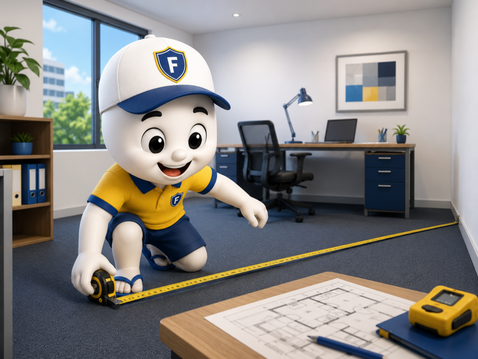 Illustration 3D ludique représentant la mascotte Fiscallia relevant les dimensions d'un bureau à l'aide d'un mètre ruban. La scène montre un espace de travail moderne avec un plan au sol et des outils de mesurage, illustrant le relevé précis des surfaces dans le cadre d'une expertise en fiscalité locale.