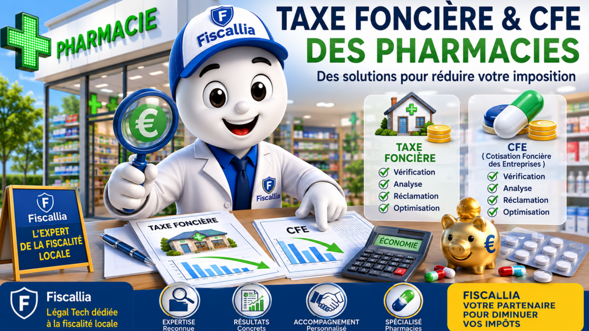 Illustration 3D ludique représentant la mascotte Fiscallia dans une pharmacie, évoquant la taxe foncière et la cotisation foncière des entreprises (CFE) des officines. La scène met en avant l'analyse des bases d'imposition, l'optimisation fiscale locale et les économies potentielles pour les pharmacies, dans un style moderne, coloré et pédagogique.