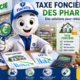 Illustration 3D ludique représentant la mascotte Fiscallia dans une pharmacie, évoquant la taxe foncière et la cotisation foncière des entreprises (CFE) des officines. La scène met en avant l'analyse des bases d'imposition, l'optimisation fiscale locale et les économies potentielles pour les pharmacies, dans un style moderne, coloré et pédagogique.