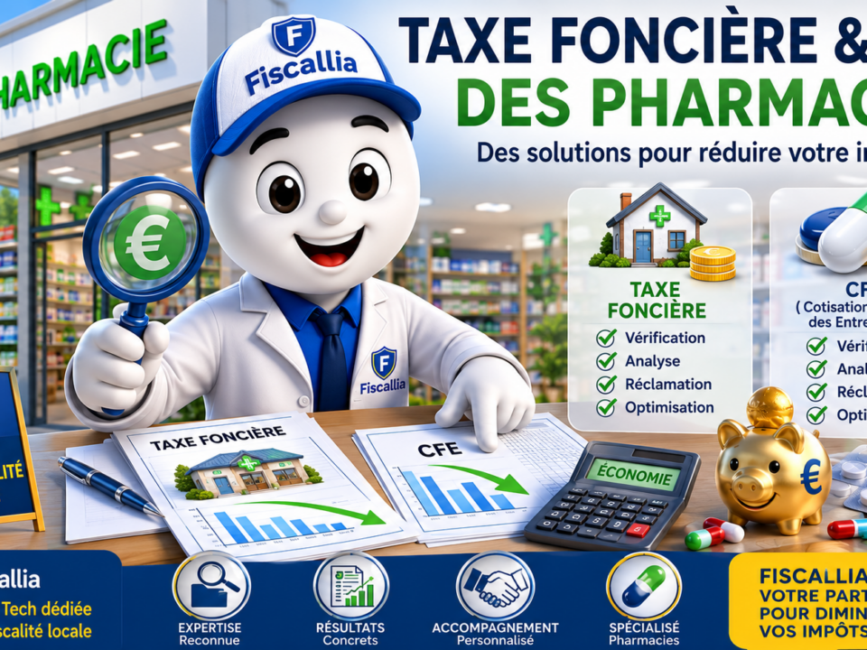 Illustration 3D ludique représentant la mascotte Fiscallia dans une pharmacie, évoquant la taxe foncière et la cotisation foncière des entreprises (CFE) des officines. La scène met en avant l'analyse des bases d'imposition, l'optimisation fiscale locale et les économies potentielles pour les pharmacies, dans un style moderne, coloré et pédagogique.