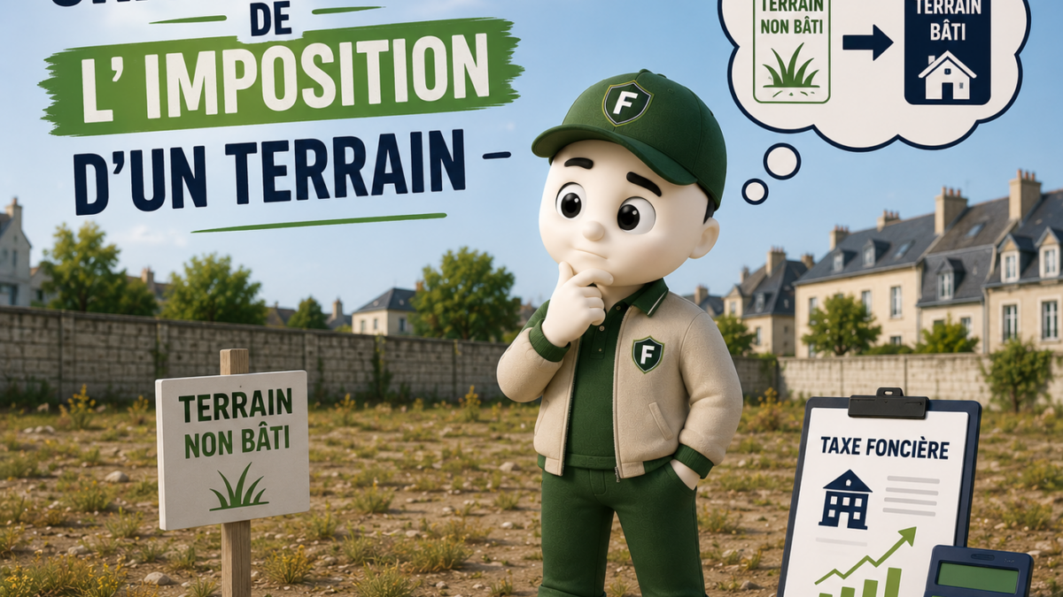 Illustration 3D représentant la mascotte Fiscallia sur un terrain non bâti, réfléchissant aux conséquences d'un changement d'imposition. La scène montre un terrain vague, un panneau « Terrain non bâti », un document de taxe foncière et des symboles illustrant l'évolution de la fiscalité locale. Cette illustration met en avant les impacts fiscaux liés au changement d'utilisation ou de classification d'un terrain.