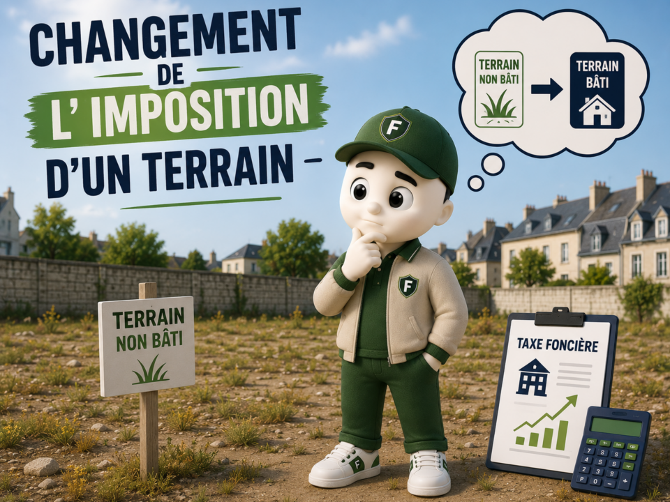 Illustration 3D représentant la mascotte Fiscallia sur un terrain non bâti, réfléchissant aux conséquences d'un changement d'imposition. La scène montre un terrain vague, un panneau « Terrain non bâti », un document de taxe foncière et des symboles illustrant l'évolution de la fiscalité locale. Cette illustration met en avant les impacts fiscaux liés au changement d'utilisation ou de classification d'un terrain.
