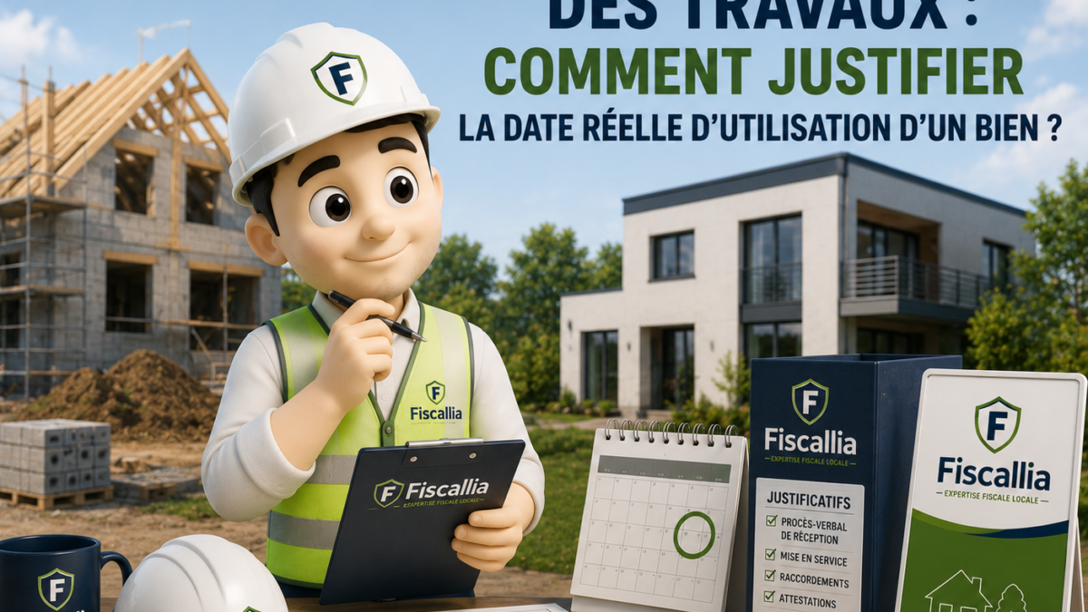 Illustration 3D représentant la mascotte Fiscallia en tenue de chantier, avec casque de sécurité, gilet haute visibilité et tablette, devant un bâtiment en construction et un immeuble achevé. L'image illustre la distinction entre la date d'achèvement des travaux et la date réelle d'utilisation d'un bien, afin de comprendre les conséquences fiscales liées aux déclarations de taxe foncière et de valeur locative. Style moderne, professionnel et pédagogique.