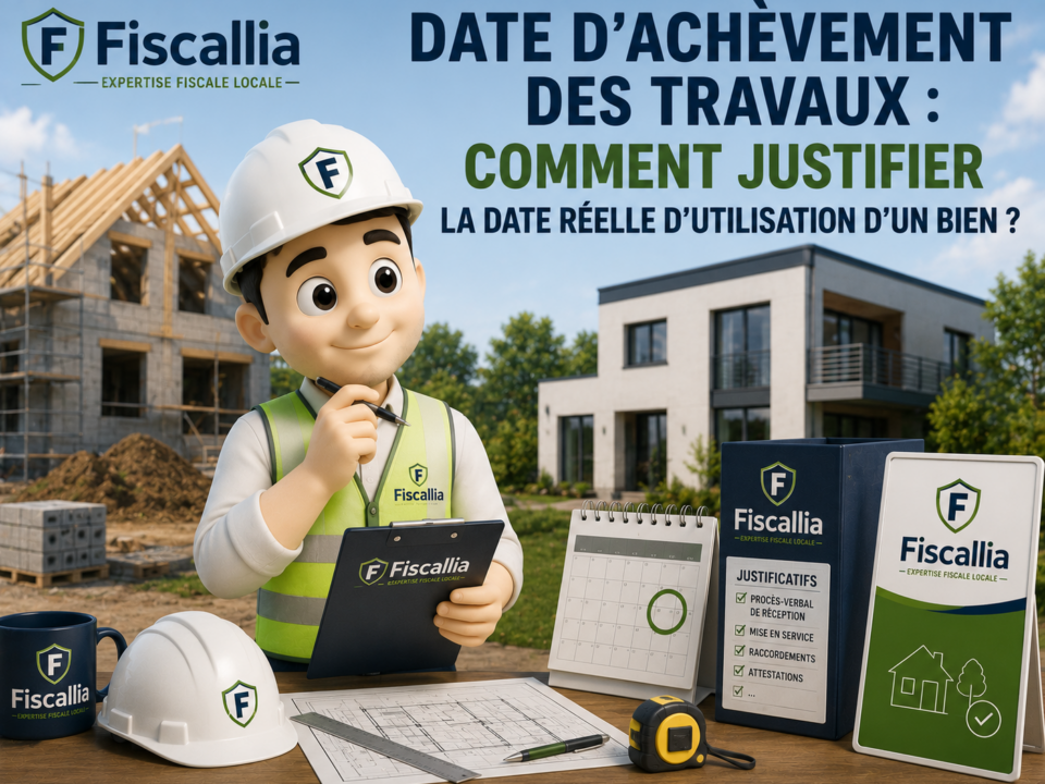 Illustration 3D représentant la mascotte Fiscallia en tenue de chantier, avec casque de sécurité, gilet haute visibilité et tablette, devant un bâtiment en construction et un immeuble achevé. L'image illustre la distinction entre la date d'achèvement des travaux et la date réelle d'utilisation d'un bien, afin de comprendre les conséquences fiscales liées aux déclarations de taxe foncière et de valeur locative. Style moderne, professionnel et pédagogique.