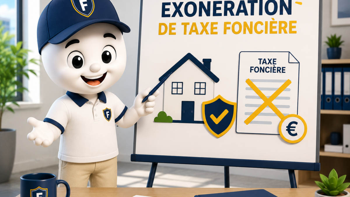 Illustration 3D ludique représentant la mascotte Fiscallia présentant les dispositifs d'exonération de taxe foncière devant un tableau illustré. La scène met en avant une habitation, un avis de taxe foncière barré et un symbole de validation, dans un style moderne, épuré et pédagogique, afin d'illustrer les exonérations temporaires ou permanentes de taxe foncière.