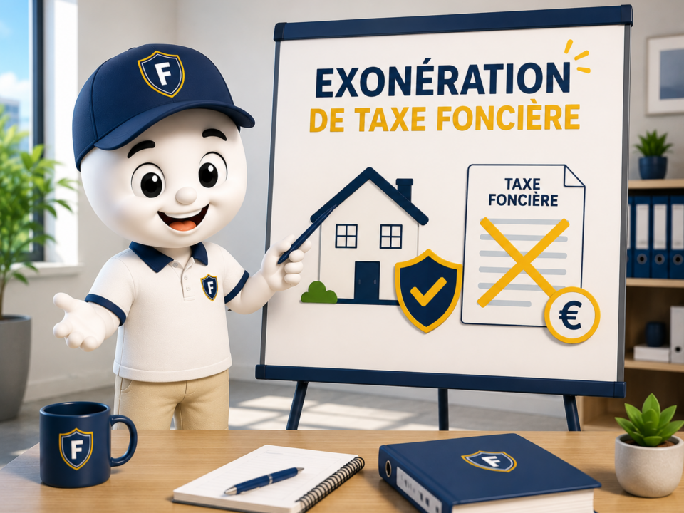 Illustration 3D ludique représentant la mascotte Fiscallia présentant les dispositifs d'exonération de taxe foncière devant un tableau illustré. La scène met en avant une habitation, un avis de taxe foncière barré et un symbole de validation, dans un style moderne, épuré et pédagogique, afin d'illustrer les exonérations temporaires ou permanentes de taxe foncière.