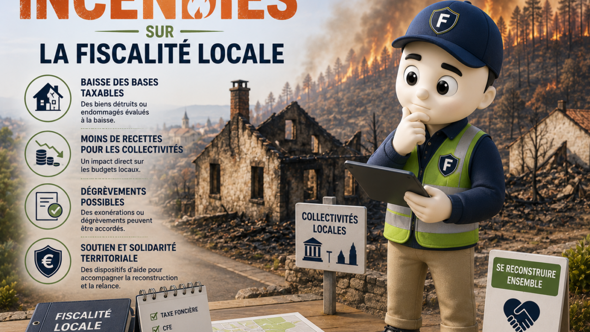 Illustration 3D représentant la mascotte Fiscallia analysant les conséquences d'un incendie sur la fiscalité locale. La scène montre un paysage ravagé par les flammes, des bâtiments détruits, des documents fiscaux et des symboles évoquant la baisse des bases d'imposition, l'impact sur les recettes des collectivités territoriales et les dispositifs de dégrèvement ou d'aide à la reconstruction. Style moderne, pédagogique et professionnel.