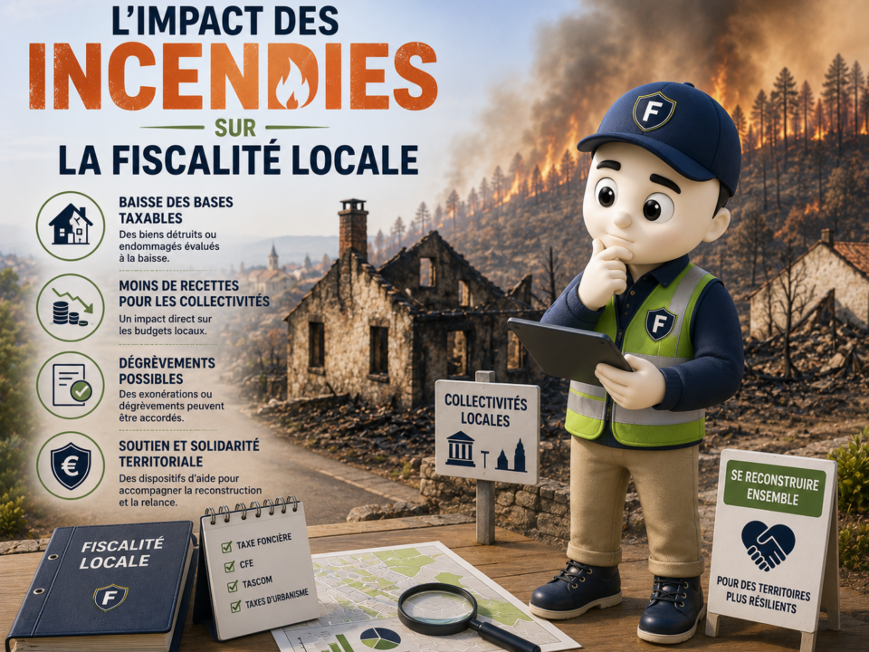Illustration 3D représentant la mascotte Fiscallia analysant les conséquences d'un incendie sur la fiscalité locale. La scène montre un paysage ravagé par les flammes, des bâtiments détruits, des documents fiscaux et des symboles évoquant la baisse des bases d'imposition, l'impact sur les recettes des collectivités territoriales et les dispositifs de dégrèvement ou d'aide à la reconstruction. Style moderne, pédagogique et professionnel.