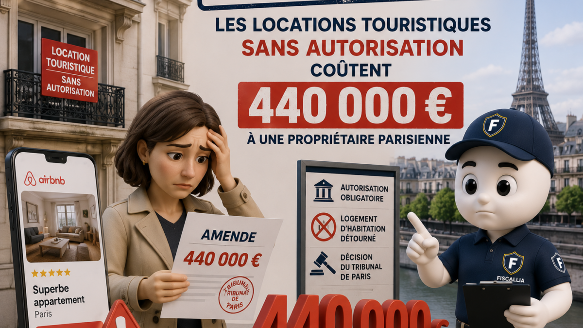 Illustration 3D représentant la mascotte Fiscallia alertant sur les risques des locations touristiques illégales à Paris. La scène montre une propriétaire confrontée à une amende de 440 000 € pour avoir loué des logements en meublés de tourisme sans autorisation, avec des références visuelles à la location de courte durée, à la réglementation parisienne et aux sanctions financières. Style moderne, pédagogique et épuré.