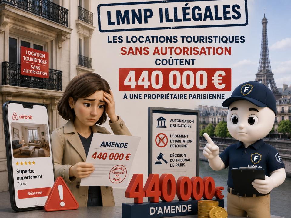 Illustration 3D représentant la mascotte Fiscallia alertant sur les risques des locations touristiques illégales à Paris. La scène montre une propriétaire confrontée à une amende de 440 000 € pour avoir loué des logements en meublés de tourisme sans autorisation, avec des références visuelles à la location de courte durée, à la réglementation parisienne et aux sanctions financières. Style moderne, pédagogique et épuré.