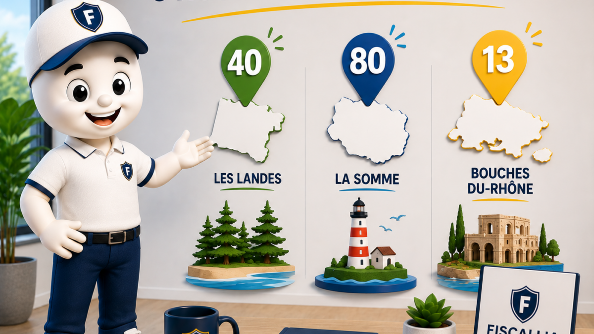 Illustration Fiscallia annonçant trois nouvelles implantations dans les Landes, la Somme et les Bouches-du-Rhône, avec la mascotte Fiscallia présentant les départements 40, 80 et 13 dans un style 3D moderne, clair et professionnel.