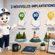 Illustration Fiscallia annonçant trois nouvelles implantations dans les Landes, la Somme et les Bouches-du-Rhône, avec la mascotte Fiscallia présentant les départements 40, 80 et 13 dans un style 3D moderne, clair et professionnel.