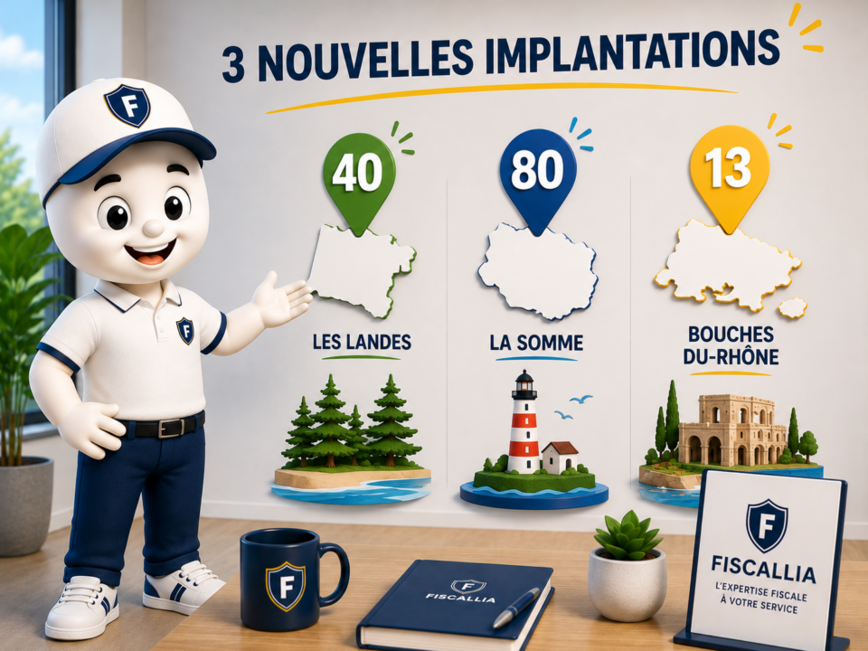 Illustration Fiscallia annonçant trois nouvelles implantations dans les Landes, la Somme et les Bouches-du-Rhône, avec la mascotte Fiscallia présentant les départements 40, 80 et 13 dans un style 3D moderne, clair et professionnel.