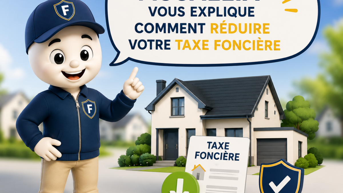 Illustration 3D représentant la mascotte Fiscallia dans une tenue moderne présentant, dans une bulle, le message « Fiscallia vous explique comment réduire votre taxe foncière ». La scène met en avant une maison, un avis de taxe foncière, un symbole de baisse d'imposition et un bouclier de validation, illustrant les solutions d'optimisation et de réduction de la taxe foncière proposées par Fiscallia.