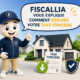 Illustration 3D représentant la mascotte Fiscallia dans une tenue moderne présentant, dans une bulle, le message « Fiscallia vous explique comment réduire votre taxe foncière ». La scène met en avant une maison, un avis de taxe foncière, un symbole de baisse d'imposition et un bouclier de validation, illustrant les solutions d'optimisation et de réduction de la taxe foncière proposées par Fiscallia.