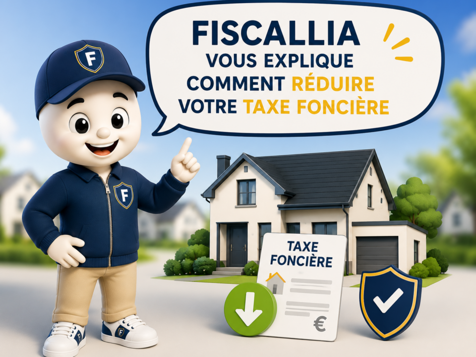 Illustration 3D représentant la mascotte Fiscallia dans une tenue moderne présentant, dans une bulle, le message « Fiscallia vous explique comment réduire votre taxe foncière ». La scène met en avant une maison, un avis de taxe foncière, un symbole de baisse d'imposition et un bouclier de validation, illustrant les solutions d'optimisation et de réduction de la taxe foncière proposées par Fiscallia.