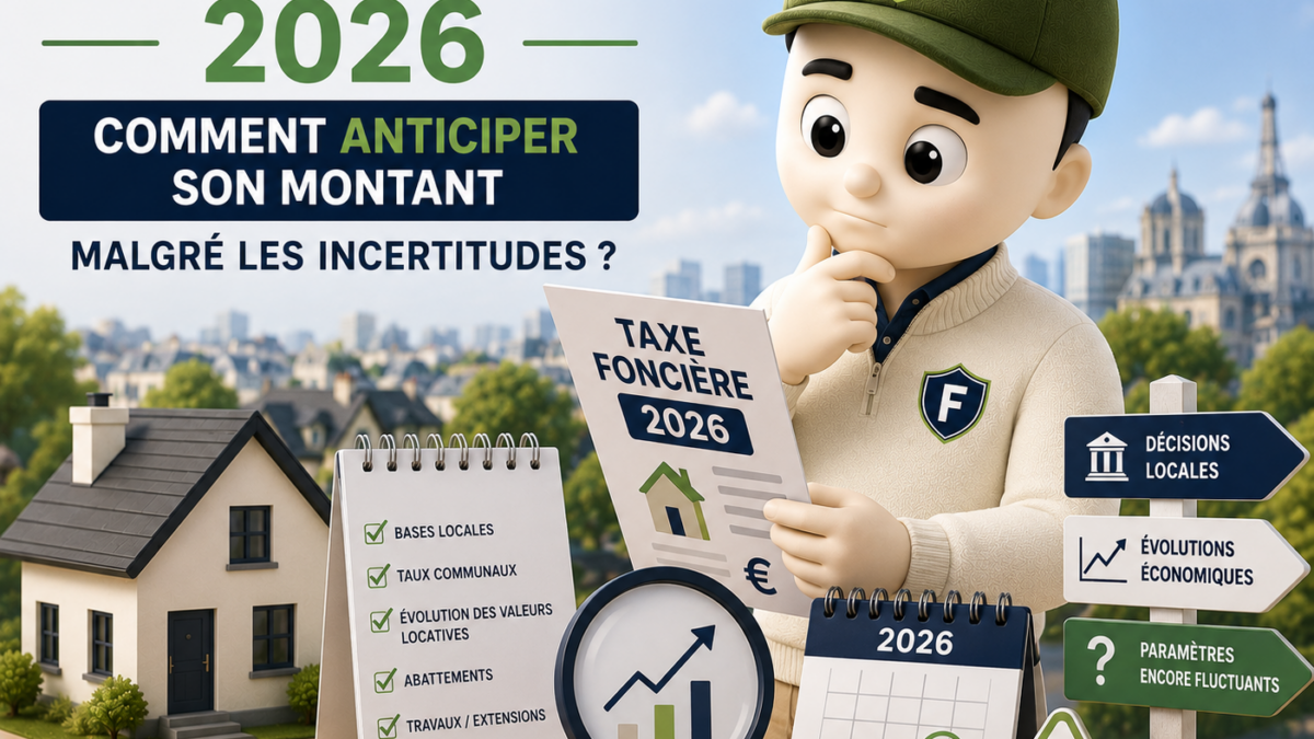 Illustration 3D représentant une mascotte Fiscallia dans une tenue moderne aux couleurs vert et beige, analysant un avis de taxe foncière 2026 avec un air réfléchi. La scène met en avant une maison, une calculatrice, une loupe, un calendrier et des indicateurs d'évolution afin d'illustrer les différents paramètres permettant d'anticiper le montant de la taxe foncière malgré les incertitudes sur les taux et les décisions des collectivités locales.