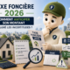 Illustration 3D représentant une mascotte Fiscallia dans une tenue moderne aux couleurs vert et beige, analysant un avis de taxe foncière 2026 avec un air réfléchi. La scène met en avant une maison, une calculatrice, une loupe, un calendrier et des indicateurs d'évolution afin d'illustrer les différents paramètres permettant d'anticiper le montant de la taxe foncière malgré les incertitudes sur les taux et les décisions des collectivités locales.