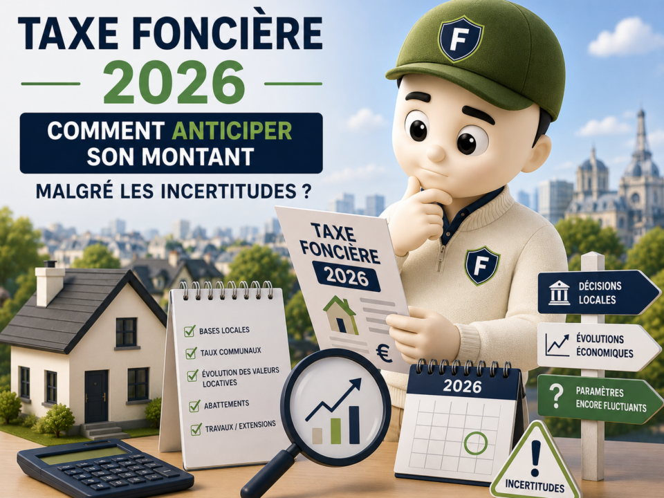Illustration 3D représentant une mascotte Fiscallia dans une tenue moderne aux couleurs vert et beige, analysant un avis de taxe foncière 2026 avec un air réfléchi. La scène met en avant une maison, une calculatrice, une loupe, un calendrier et des indicateurs d'évolution afin d'illustrer les différents paramètres permettant d'anticiper le montant de la taxe foncière malgré les incertitudes sur les taux et les décisions des collectivités locales.
