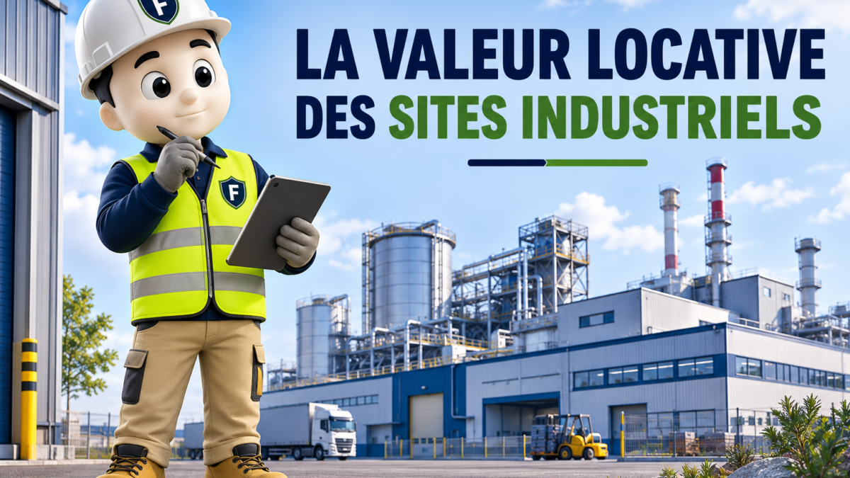 Illustration 3D représentant la mascotte Fiscallia en tenue de chantier, avec casque de sécurité, gilet haute visibilité et tablette numérique, devant un site industriel. L'image illustre l'analyse de la valeur locative des sites industriels dans le cadre de la taxe foncière et de la cotisation foncière des entreprises (CFE), avec un style moderne, pédagogique et professionnel.