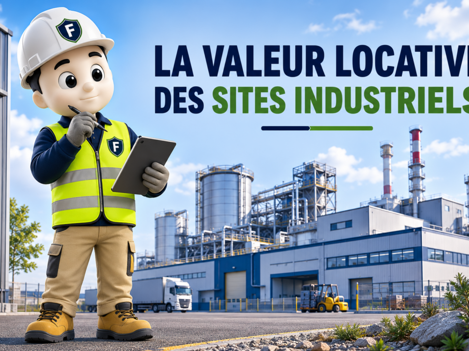 Illustration 3D représentant la mascotte Fiscallia en tenue de chantier, avec casque de sécurité, gilet haute visibilité et tablette numérique, devant un site industriel. L'image illustre l'analyse de la valeur locative des sites industriels dans le cadre de la taxe foncière et de la cotisation foncière des entreprises (CFE), avec un style moderne, pédagogique et professionnel.