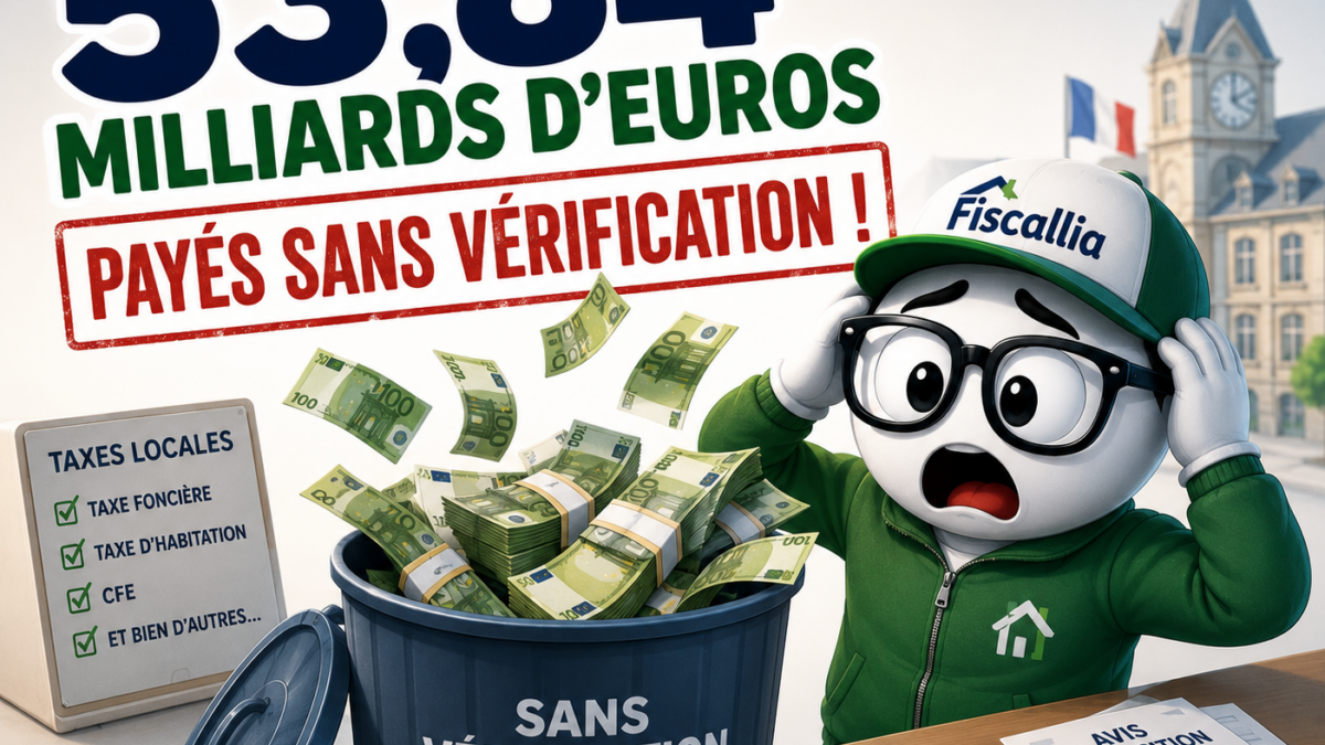 Illustration Fiscallia représentant 53,84 milliards d’euros de taxes locales payés sans vérification, avec une mascotte stupéfaite devant des avis d’imposition et des sommes symboliquement jetées sans contrôle.