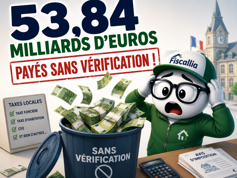 Illustration Fiscallia représentant 53,84 milliards d’euros de taxes locales payés sans vérification, avec une mascotte stupéfaite devant des avis d’imposition et des sommes symboliquement jetées sans contrôle.