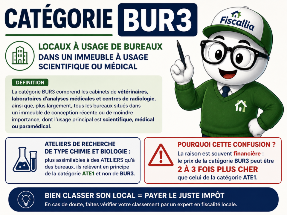 Illustration Fiscallia consacrée à la catégorie BUR3 des locaux professionnels, comprenant notamment les cabinets vétérinaires, laboratoires d’analyses médicales et centres de radiologie, et à la distinction avec la catégorie ATE1 pour certains locaux assimilables à des ateliers.