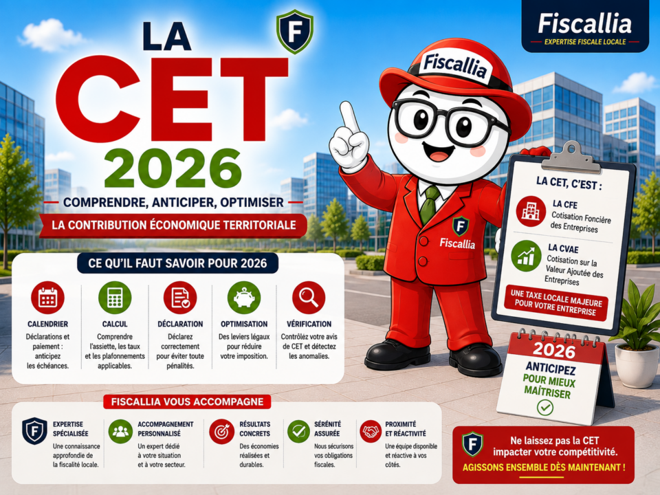Illustration de la mascotte Fiscallia présentant la CET 2026, Contribution Économique Territoriale, composée de la CFE et de la CVAE. Le visuel évoque le calcul, les déclarations, les échéances, la vérification et l’optimisation de la CET des entreprises en 2026.