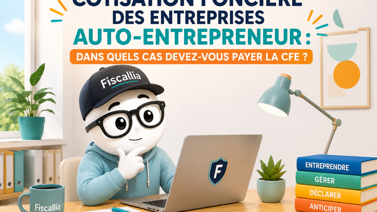 Illustration de la mascotte Fiscallia représentant un auto-entrepreneur devant son ordinateur, avec le titre « Cotisation foncière des entreprises auto-entrepreneur : dans quels cas devez-vous payer la CFE ? ». Le visuel illustre la question de l’assujettissement des micro-entrepreneurs à la CFE.