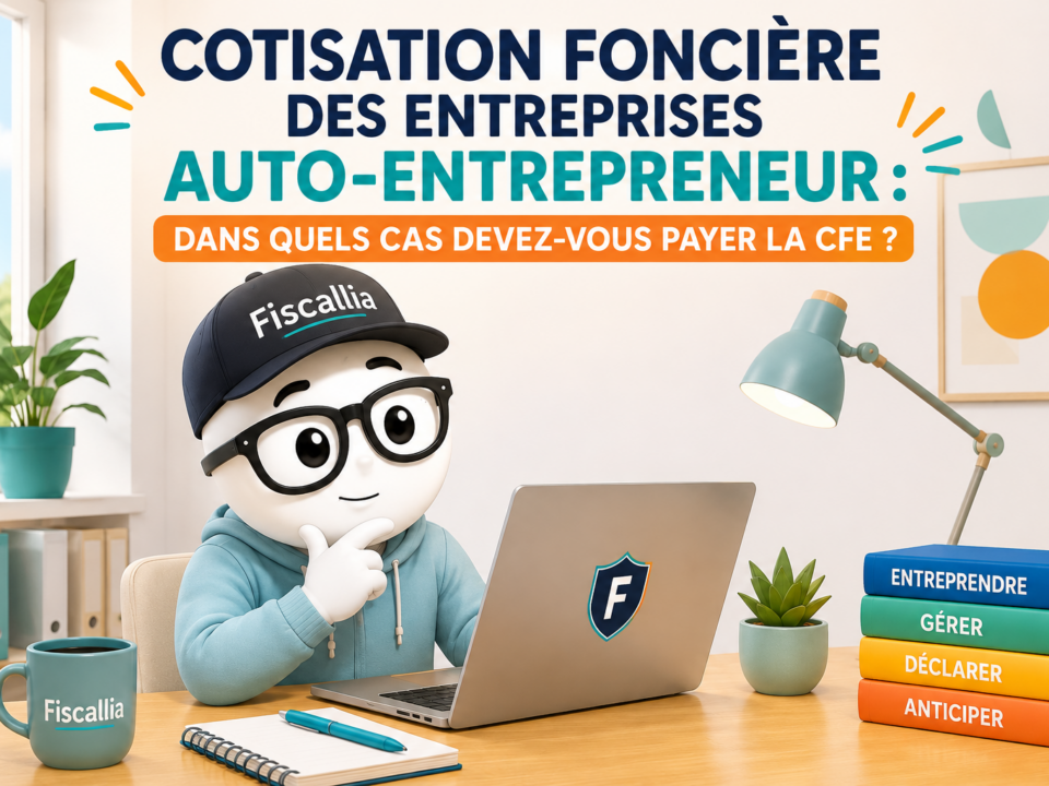 Illustration de la mascotte Fiscallia représentant un auto-entrepreneur devant son ordinateur, avec le titre « Cotisation foncière des entreprises auto-entrepreneur : dans quels cas devez-vous payer la CFE ? ». Le visuel illustre la question de l’assujettissement des micro-entrepreneurs à la CFE.