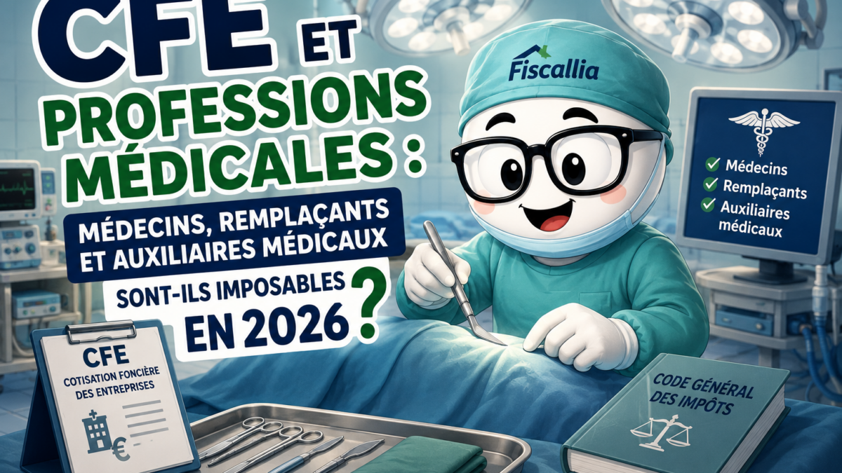 Illustration Fiscallia sur la CFE des professions médicales en 2026, avec la mascotte habillée en chirurgien au bloc opératoire, représentant les médecins, médecins remplaçants et auxiliaires médicaux.