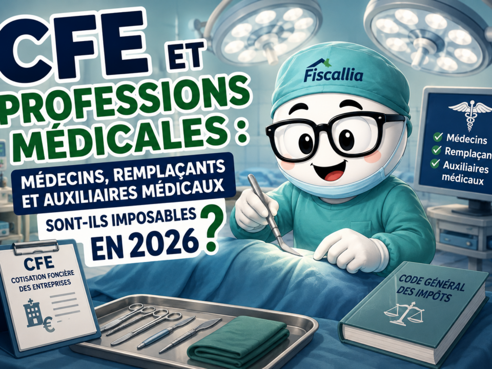 Illustration Fiscallia sur la CFE des professions médicales en 2026, avec la mascotte habillée en chirurgien au bloc opératoire, représentant les médecins, médecins remplaçants et auxiliaires médicaux.