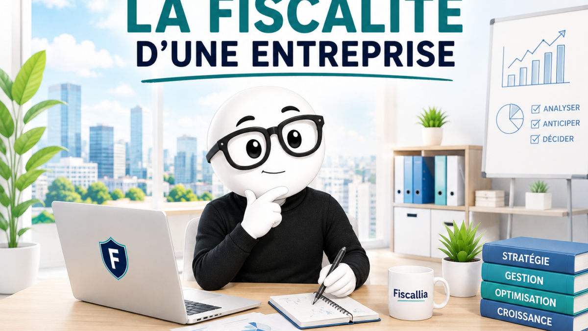 Illustration de la mascotte Fiscallia dans le rôle d’un entrepreneur, travaillant dans un bureau moderne sur la fiscalité de son entreprise. Le visuel illustre la compréhension et l’anticipation des principales obligations fiscales d’une entreprise.