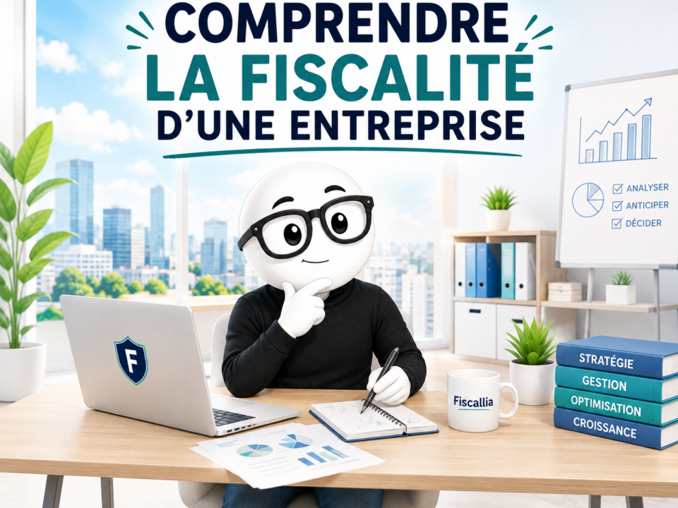 Illustration de la mascotte Fiscallia dans le rôle d’un entrepreneur, travaillant dans un bureau moderne sur la fiscalité de son entreprise. Le visuel illustre la compréhension et l’anticipation des principales obligations fiscales d’une entreprise.