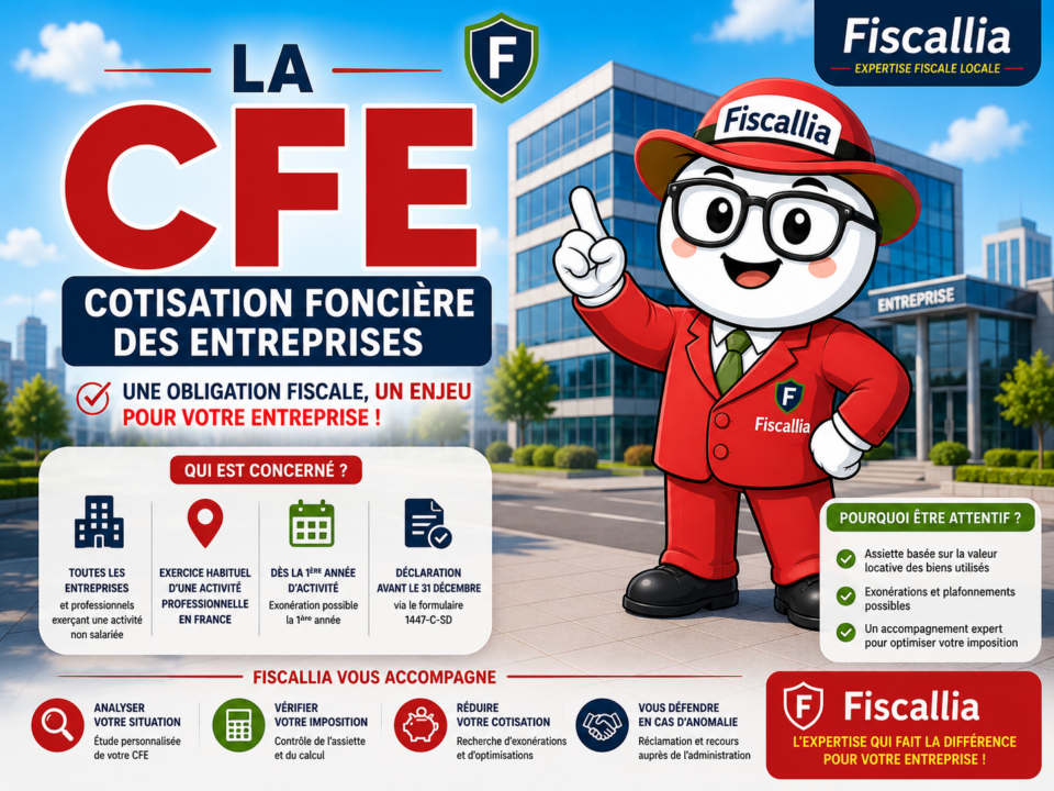 Illustration de la mascotte Fiscallia habillée en rouge présentant la Cotisation Foncière des Entreprises (CFE), avec des immeubles professionnels en arrière-plan. Le visuel illustre les principaux enjeux de la CFE : assujettissement des entreprises, valeur locative, exonérations, vérification de l’imposition et optimisation de la fiscalité locale.