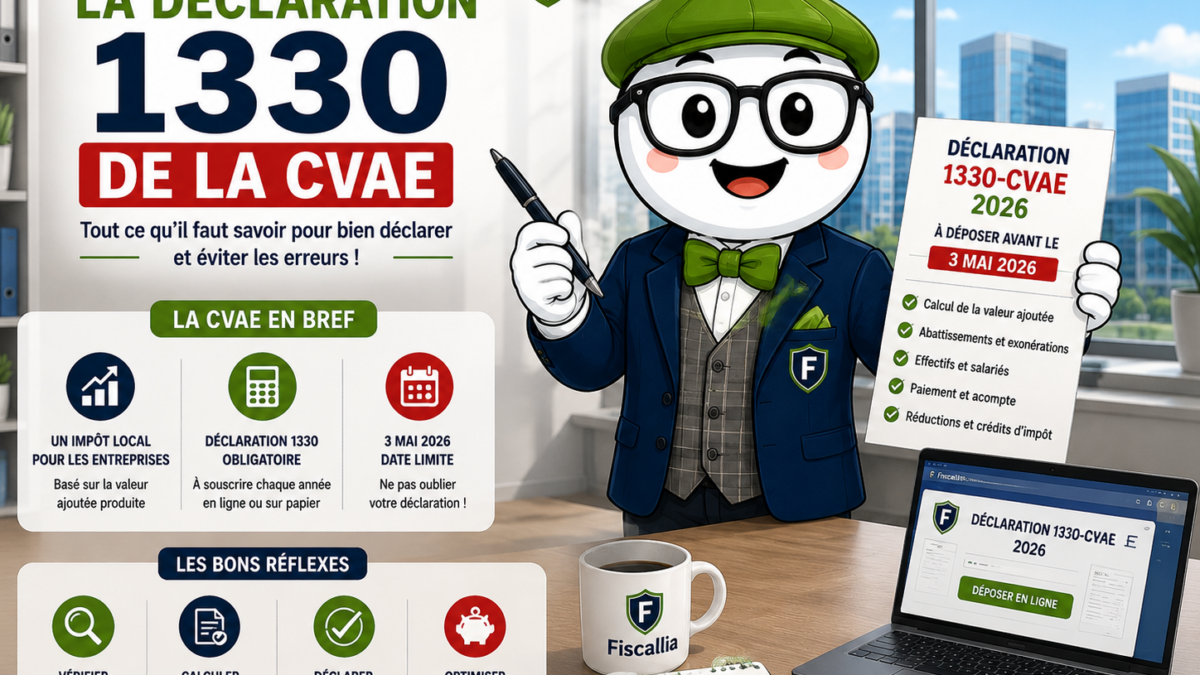 Illustration de la mascotte Fiscallia présentant la déclaration 1330-CVAE 2026. Le visuel explique de manière pédagogique les principaux éléments à connaître pour comprendre et remplir la déclaration 1330 de la CVAE, avec les obligations déclaratives, les informations à vérifier et le dépôt en ligne.