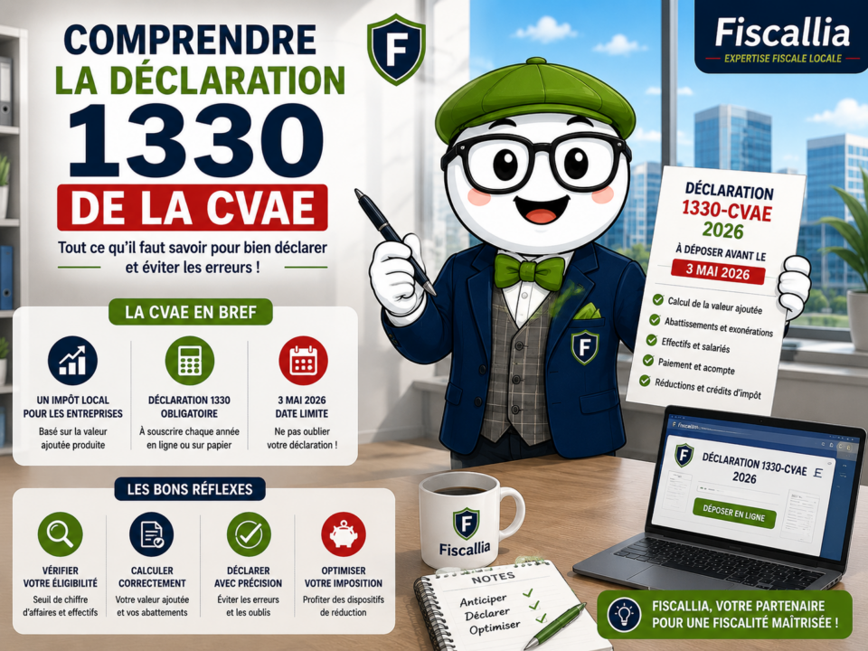 Illustration de la mascotte Fiscallia présentant la déclaration 1330-CVAE 2026. Le visuel explique de manière pédagogique les principaux éléments à connaître pour comprendre et remplir la déclaration 1330 de la CVAE, avec les obligations déclaratives, les informations à vérifier et le dépôt en ligne.