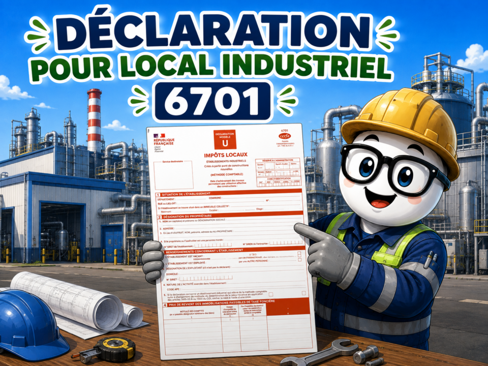 Illustration Fiscallia sur la déclaration 6701 pour un local industriel, avec la mascotte en tenue d’ouvrier présentant le formulaire fiscal modèle U devant un établissement industriel.