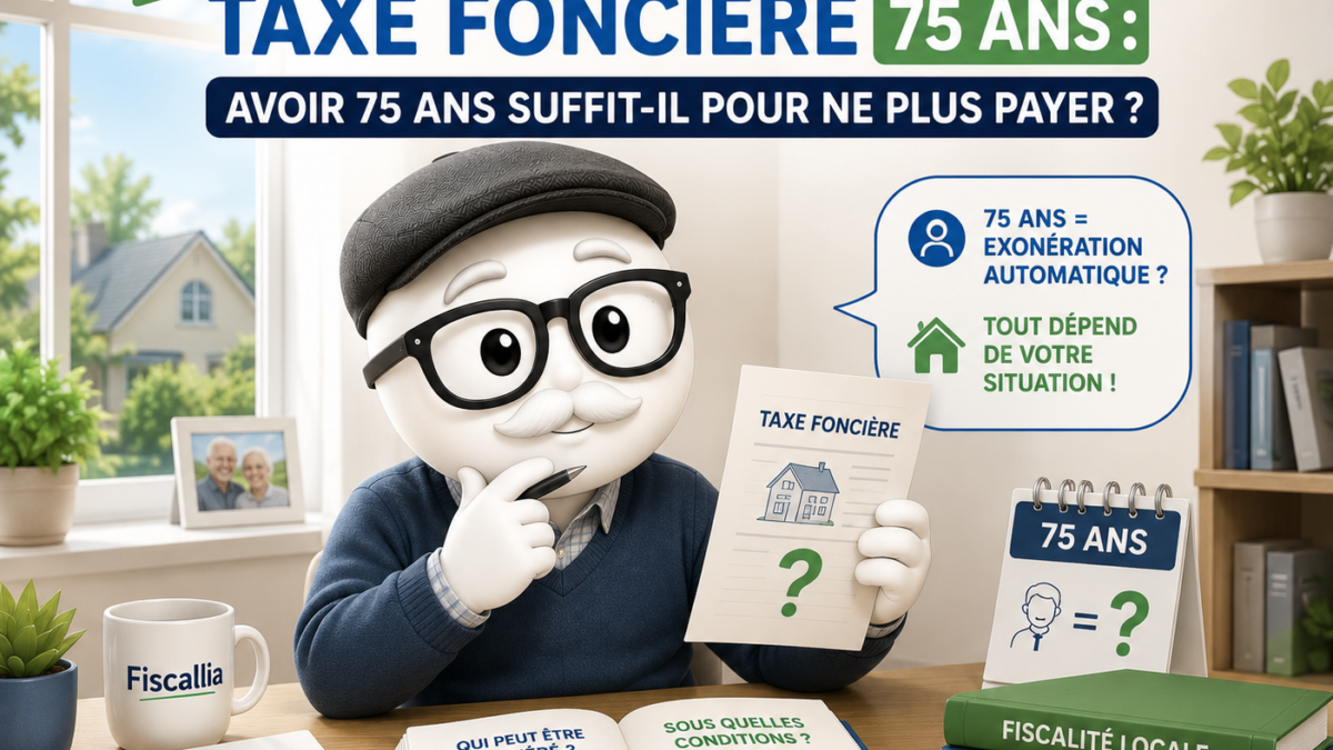 Illustration d’une mascotte Fiscallia âgée de 75 ans s’interrogeant sur l’exonération de taxe foncière. Le visuel rappelle qu’avoir 75 ans ne suffit pas nécessairement pour être exonéré et que plusieurs conditions doivent être respectées.