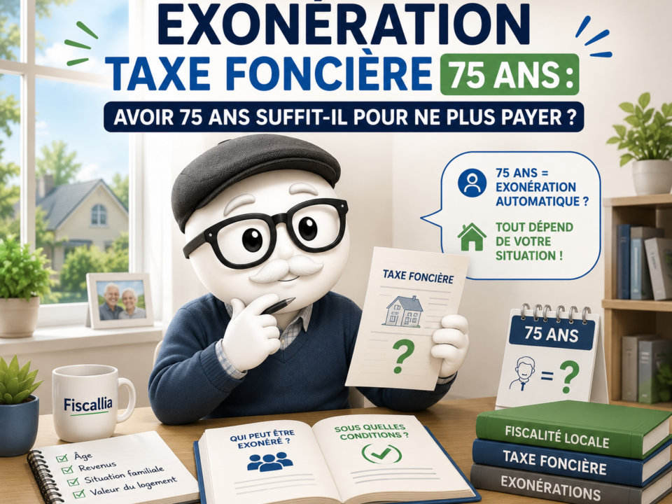 Illustration d’une mascotte Fiscallia âgée de 75 ans s’interrogeant sur l’exonération de taxe foncière. Le visuel rappelle qu’avoir 75 ans ne suffit pas nécessairement pour être exonéré et que plusieurs conditions doivent être respectées.
