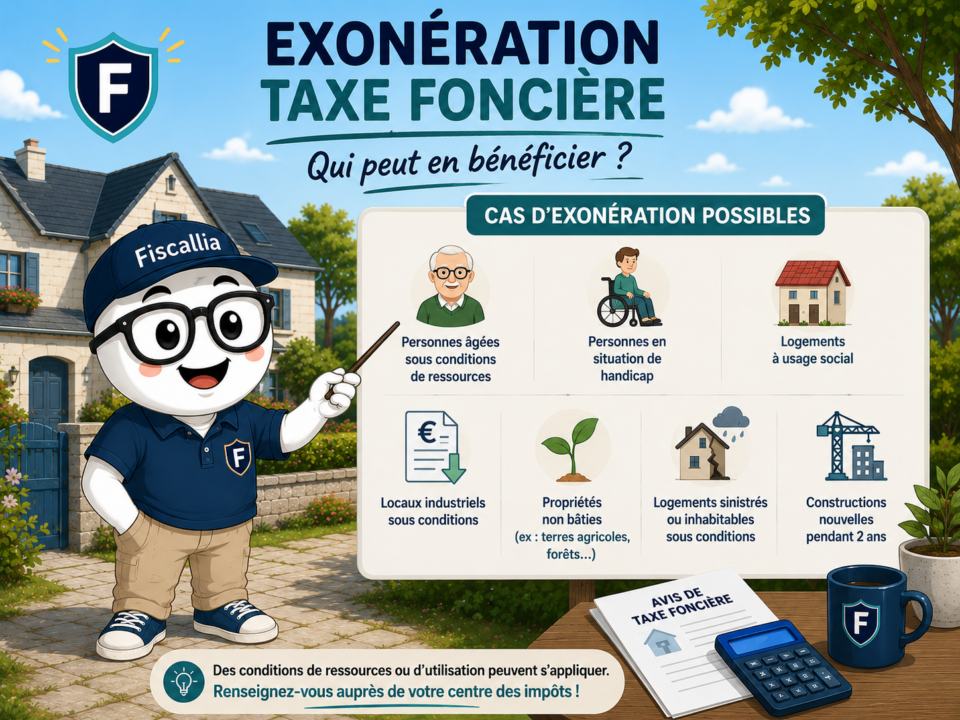 Illustration de la mascotte Fiscallia présentant les principaux cas d’exonération de taxe foncière : personnes âgées sous conditions, personnes en situation de handicap, logements sociaux, constructions nouvelles, propriétés non bâties et certains biens bénéficiant d’exonérations spécifiques.