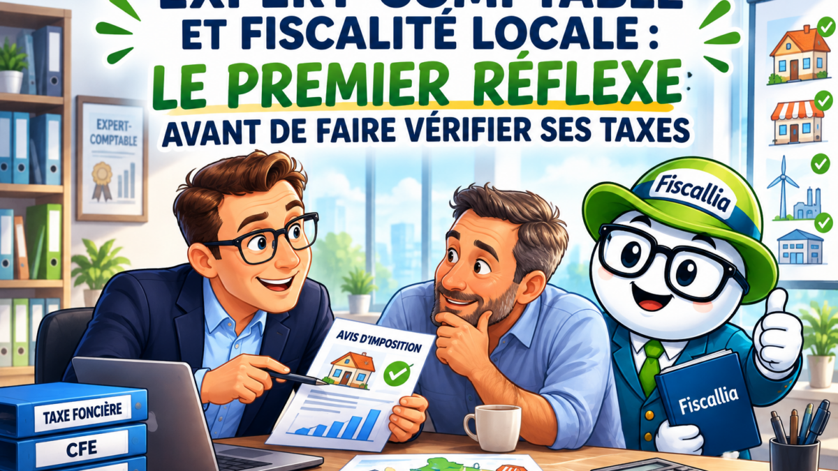 Illustration Fiscallia montrant un expert-comptable accompagnant un professionnel dans la vérification de sa fiscalité locale, notamment la taxe foncière, la CFE, la CET et les autres taxes locales.