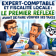 Illustration Fiscallia montrant un expert-comptable accompagnant un professionnel dans la vérification de sa fiscalité locale, notamment la taxe foncière, la CFE, la CET et les autres taxes locales.
