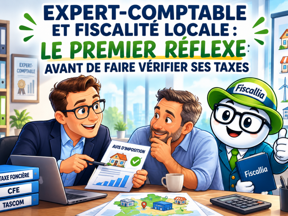 Illustration Fiscallia montrant un expert-comptable accompagnant un professionnel dans la vérification de sa fiscalité locale, notamment la taxe foncière, la CFE, la CET et les autres taxes locales.