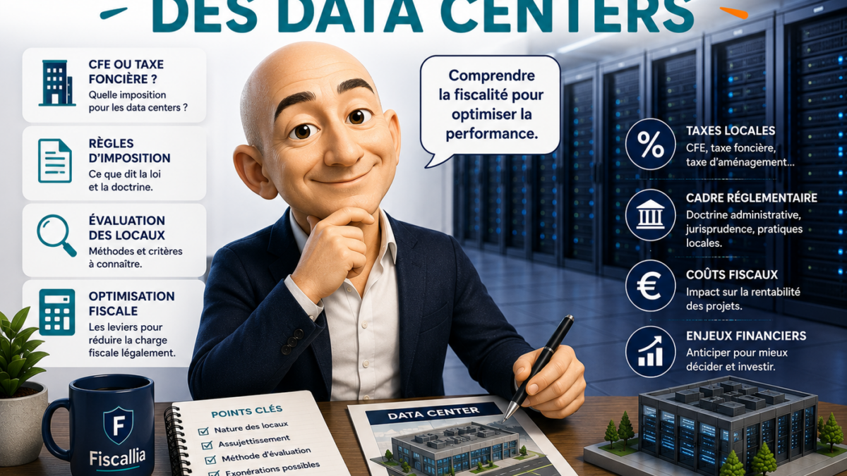 Illustration Fiscallia consacrée à la fiscalité des data centers, avec une mascotte devant une salle de serveurs présentant les enjeux de taxe foncière, de CFE et d’évaluation fiscale des centres de données.