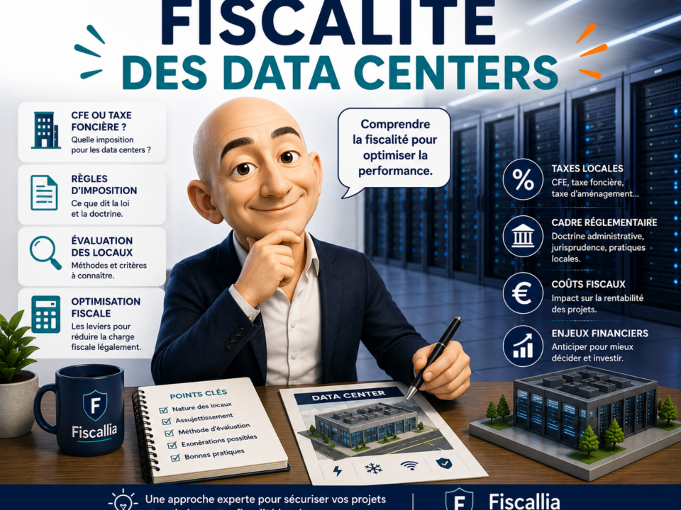 Illustration Fiscallia consacrée à la fiscalité des data centers, avec une mascotte devant une salle de serveurs présentant les enjeux de taxe foncière, de CFE et d’évaluation fiscale des centres de données.