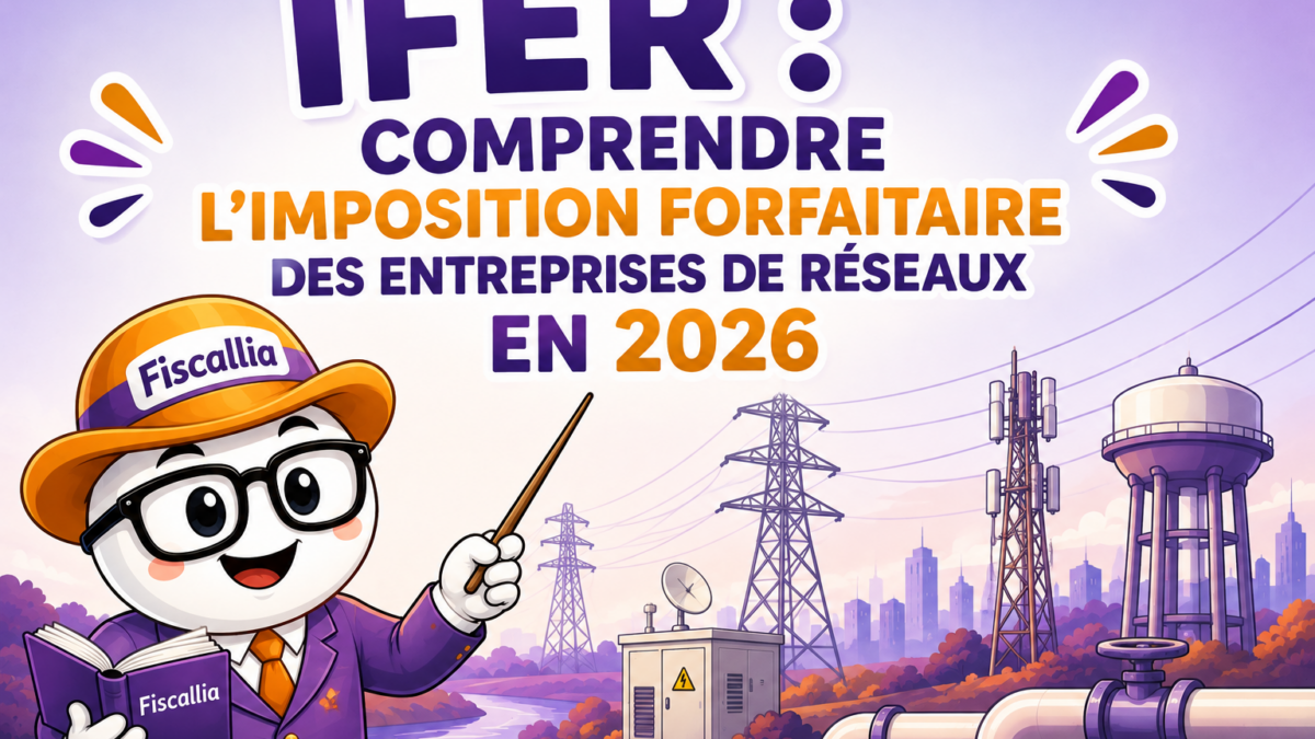 Illustration Fiscallia expliquant l’IFER, l’imposition forfaitaire des entreprises de réseaux en 2026, avec la mascotte pédagogique devant des infrastructures de réseaux électriques, de télécommunications et de transport d’énergie.